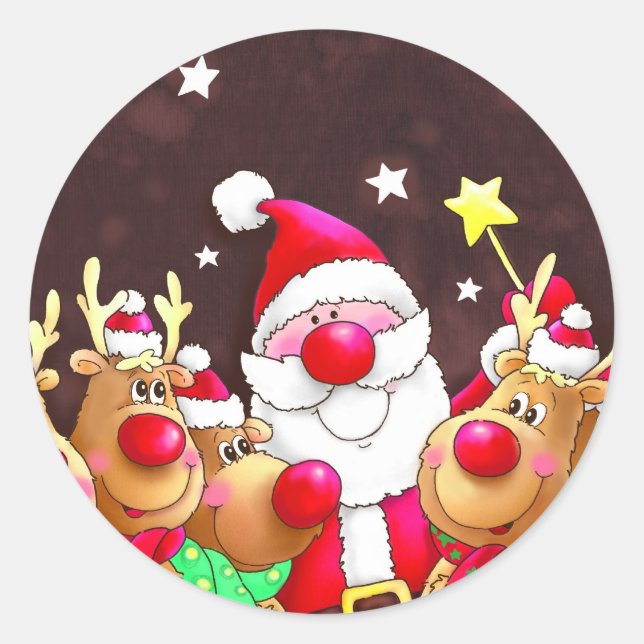 Santa and reindeer classic round sticker (Front)