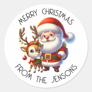 Santa and Reindeer Cute Cartoon Christmas Classic Round Sticker