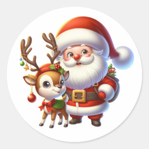 Santa and Reindeer Cute Cartoon Christmas Classic Round Sticker