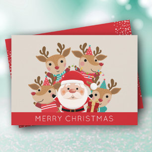 Santa and Reindeer Flat Merry Christmas Holiday Card