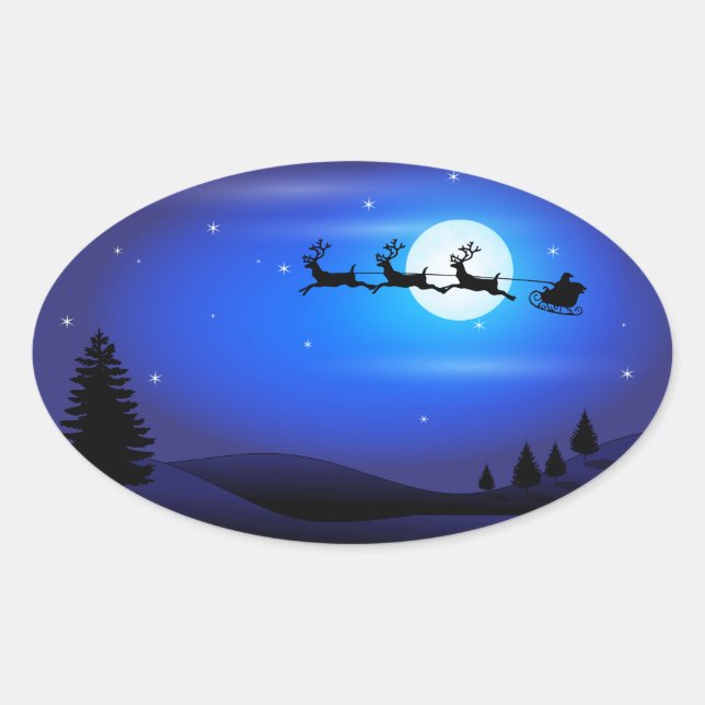 Santa and Reindeer Flying Across Blue Night Sky Oval Sticker (Front)