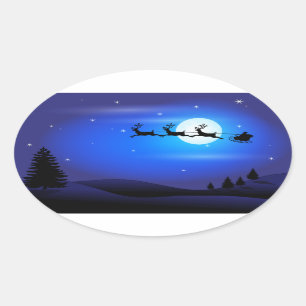 Santa and Reindeer Flying Across Blue Night Sky Oval Sticker