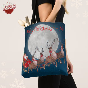 SANTA AND REINDEER FLYING ACROSS MOON TOTE BAG