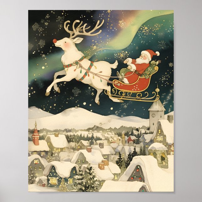 Santa and Reindeer Flying Over Snowy Village  Poster (Front)