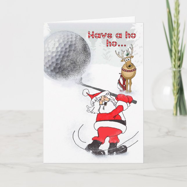 Santa and reindeer friend golfing. holiday card (Front)