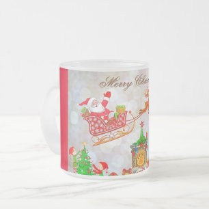 Santa and Reindeer Frosted Glass Coffee Mug