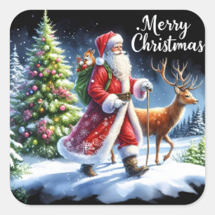 Santa and Reindeer in a Snowy Forest Square Sticker