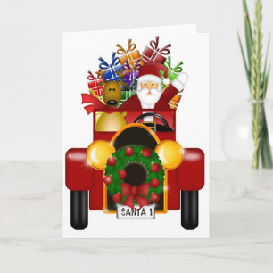 Santa and Reindeer in Red Antique Car with Gifts Holiday Card