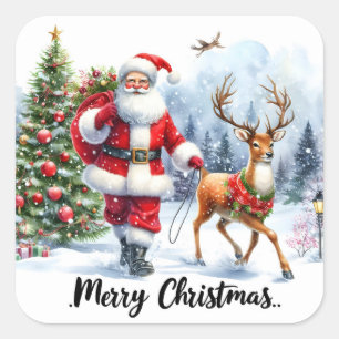 Santa and Reindeer in the Snow Square Sticker