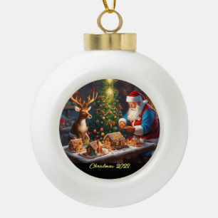 Santa and reindeer make gingerbread house ceramic ball christmas ornament