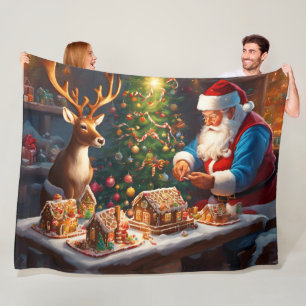 Santa and reindeer make gingerbread house fleece blanket