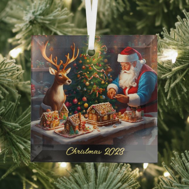 Santa and reindeer make gingerbread house glass tree decoration (Insitu)