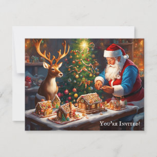 Santa and reindeer make gingerbread house invitation