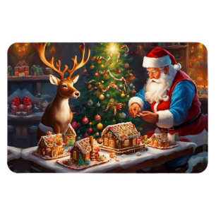 Santa and reindeer make gingerbread house magnet