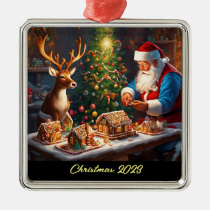 Santa and reindeer make gingerbread house metal tree decoration
