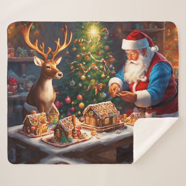 Santa and reindeer make gingerbread house sherpa blanket (Front (Horizontal))