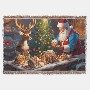 Santa and reindeer make gingerbread house throw blanket