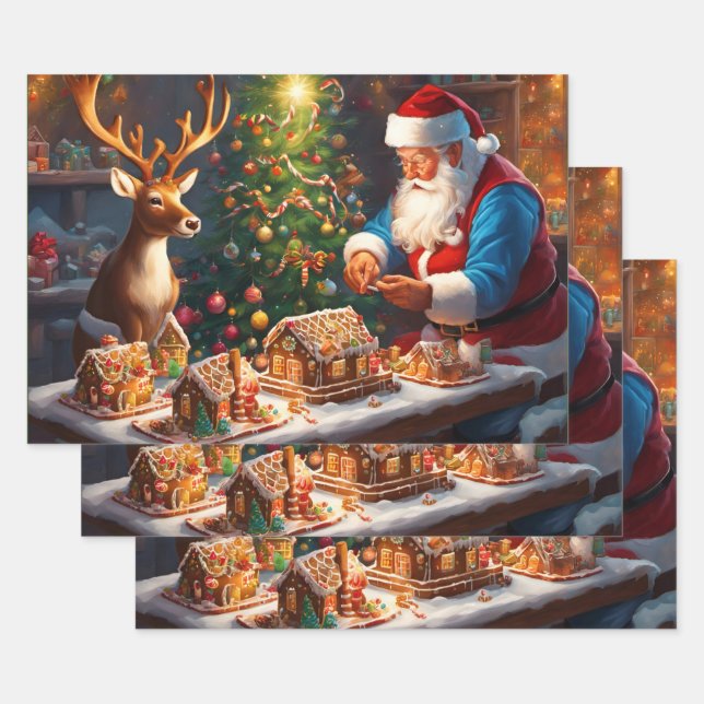 Santa and reindeer make gingerbread house wrapping paper sheet (Set)