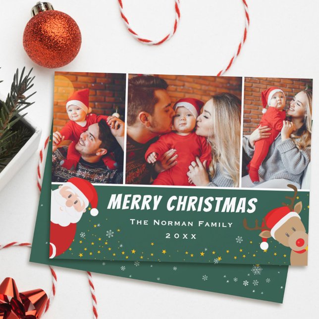 Santa and Reindeer Merry Christmas 3 Photo Holiday Card (Creator Uploaded)