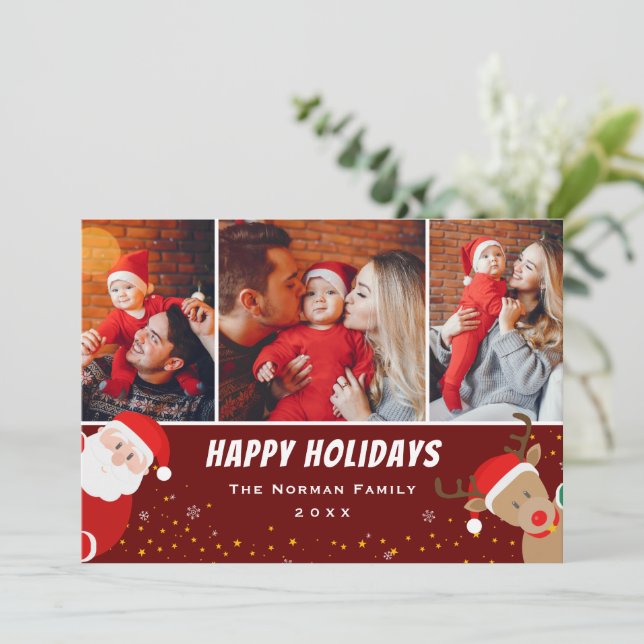 Santa and Reindeer Merry Christmas 3 Photo Holiday Card (Standing Front)