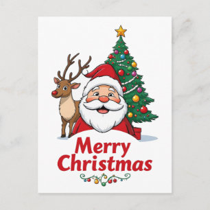 Santa And Reindeer Merry Christmas Tree Postcard