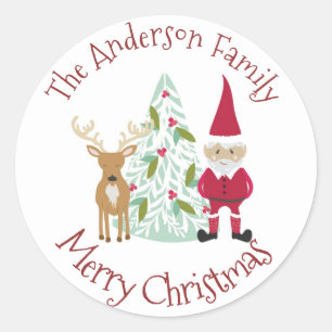 Santa and Reindeer Merry Christmas with Name Classic Round Sticker
