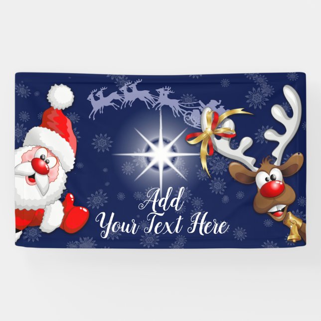 Santa and Reindeer Merry Christmass Happy Cartoon Banner (Horizontal)