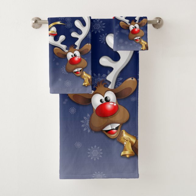Santa and Reindeer Merry Christmass Happy Cartoon Bath Towel Set (Insitu)