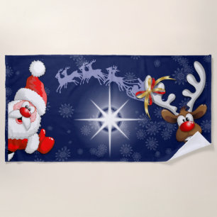 Santa and Reindeer Merry Christmass Happy Cartoon Beach Towel