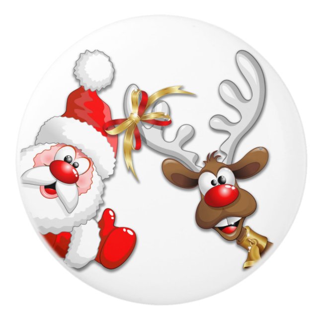 Santa and Reindeer Merry Christmass Happy Cartoon Ceramic Knob (Front)