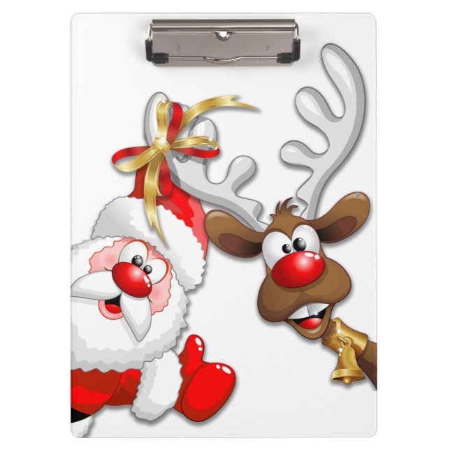 Santa and Reindeer Merry Christmass Happy Cartoon Clipboard (Front)