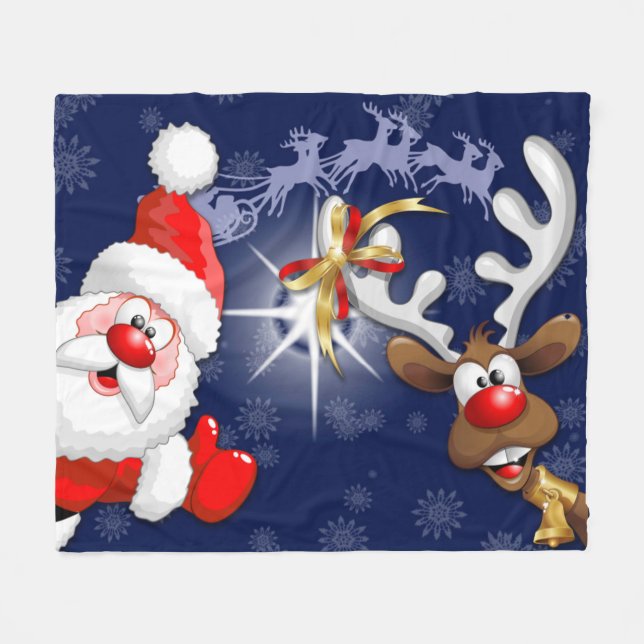 Santa and Reindeer Merry Christmass Happy Cartoon Fleece Blanket (Front (Horizontal))