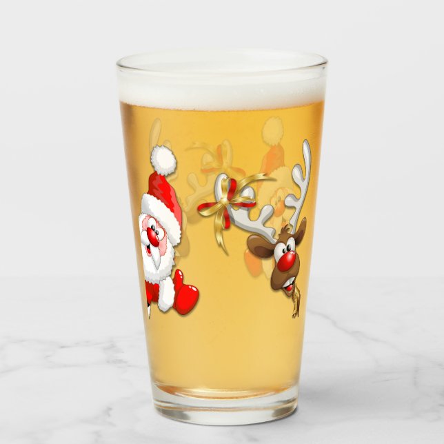 Santa and Reindeer Merry Christmass Happy Cartoon Glass (Front Filled)