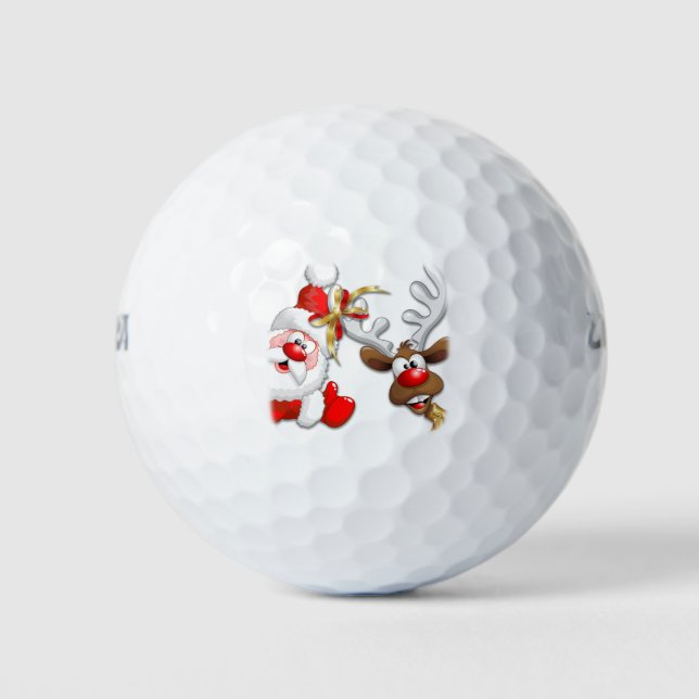 Santa and Reindeer Merry Christmass Happy Cartoon Golf Balls (Front)