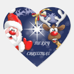 Santa and Reindeer Merry Christmass Happy Cartoon Heart Sticker