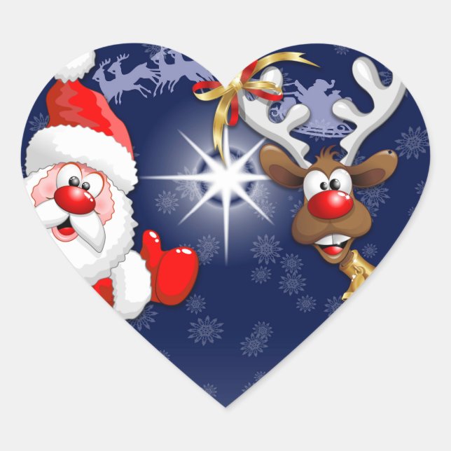 Santa and Reindeer Merry Christmass Happy Cartoon Heart Sticker (Front)