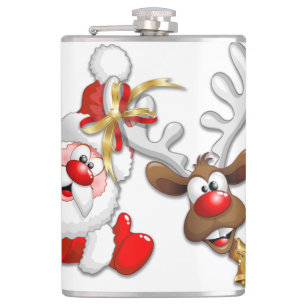Santa and Reindeer Merry Christmass Happy Cartoon Hip Flask