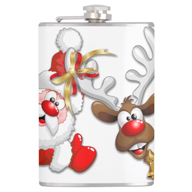 Santa and Reindeer Merry Christmass Happy Cartoon Hip Flask (Front)
