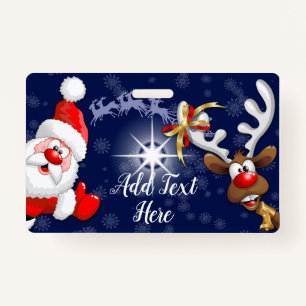 Santa and Reindeer Merry Christmass Happy Cartoon ID Badge