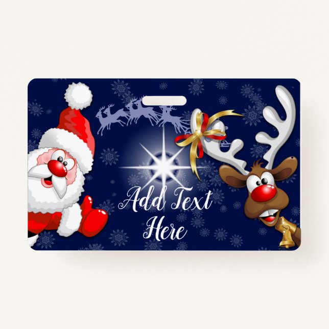 Santa and Reindeer Merry Christmass Happy Cartoon ID Badge (Front)