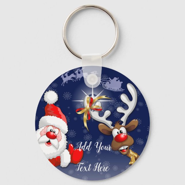 Santa and Reindeer Merry Christmass Happy Cartoon Key Ring (Front)