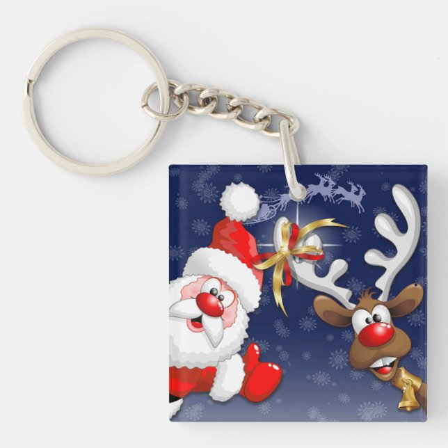 Santa and Reindeer Merry Christmass Happy Cartoon Key Ring (Front)