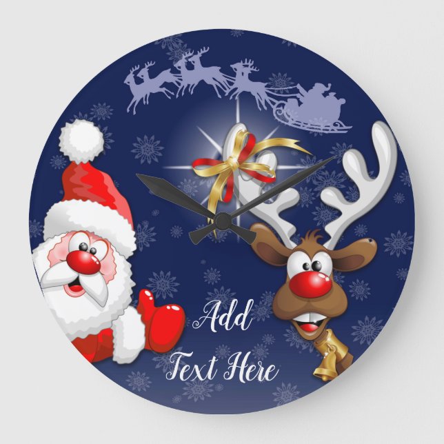 Santa and Reindeer Merry Christmass Happy Cartoon Large Clock (Front)
