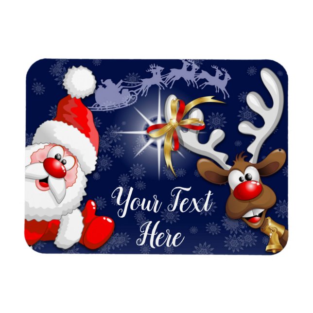 Santa and Reindeer Merry Christmass Happy Cartoon Magnet (Horizontal)