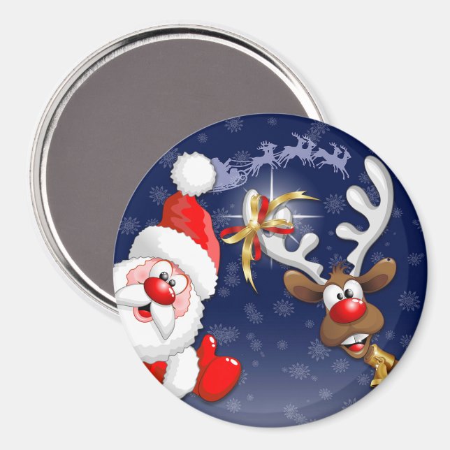 Santa and Reindeer Merry Christmass Happy Cartoon Magnet (Front/Back)