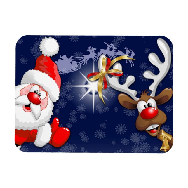 Santa and Reindeer Merry Christmass Happy Cartoon Magnet (Horizontal)