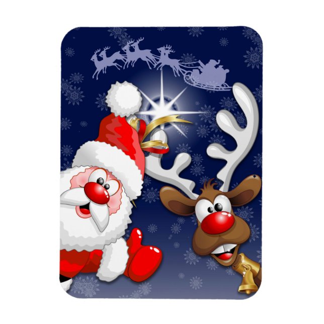 Santa and Reindeer Merry Christmass Happy Cartoon Magnet (Vertical)
