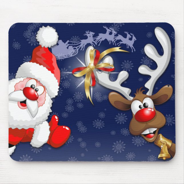 Santa and Reindeer Merry Christmass Happy Cartoon Mouse Mat (Front)