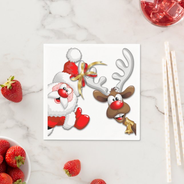 Santa and Reindeer Merry Christmass Happy Cartoon Napkin (Insitu)