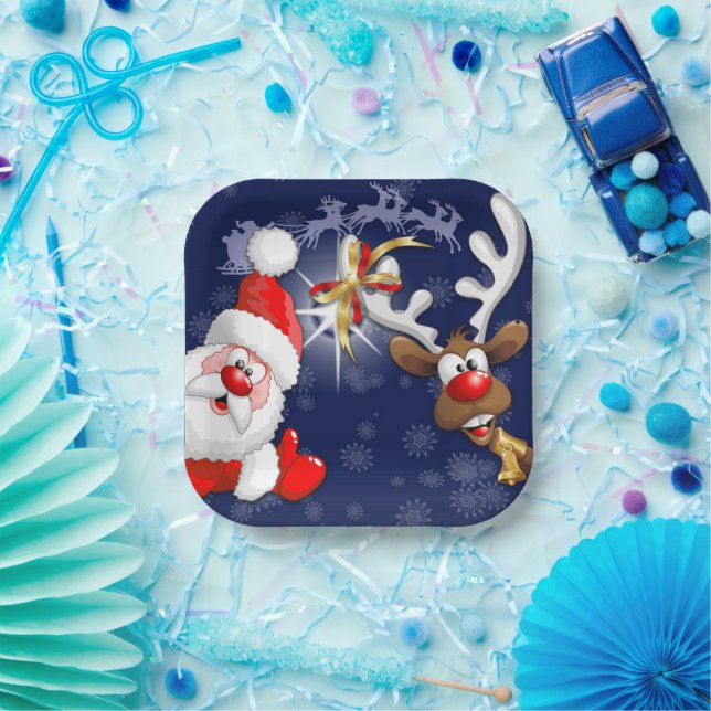 Santa and Reindeer Merry Christmass Happy Cartoon Paper Plate (Party)